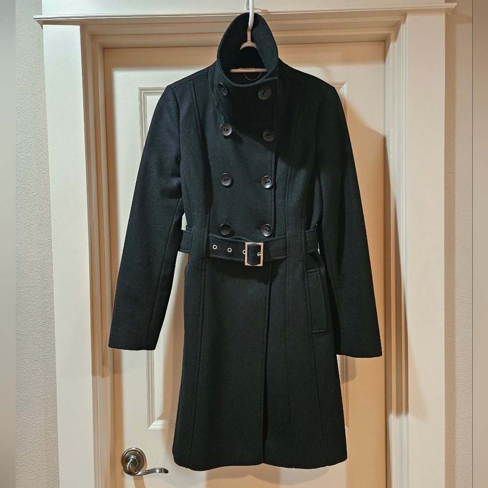 Guess Double Breast Wool Blend Coat Heavyweight Funnel Neck Belt Siz 6 Black EUC - Picture 13 of 15